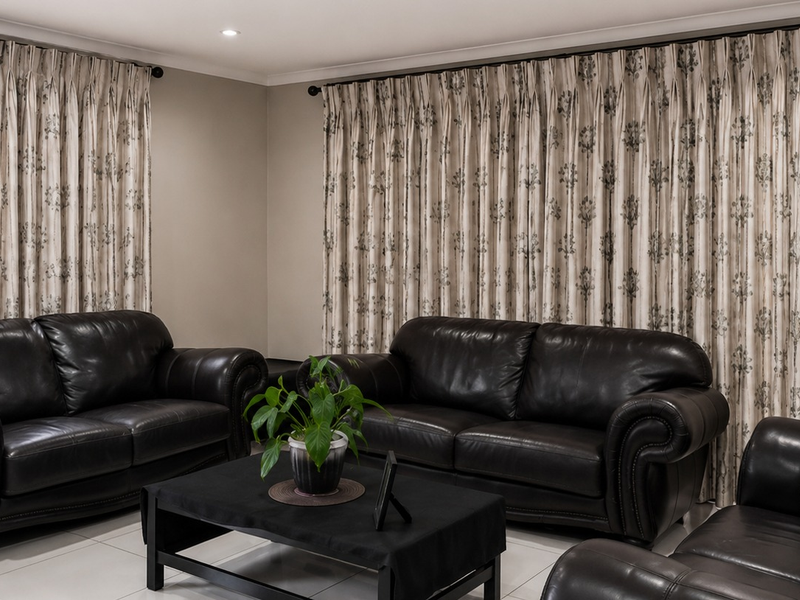 A well-maintained living room featuring neutral wall tones, tiled flooring, and floor-to-ceiling curtain treatments.