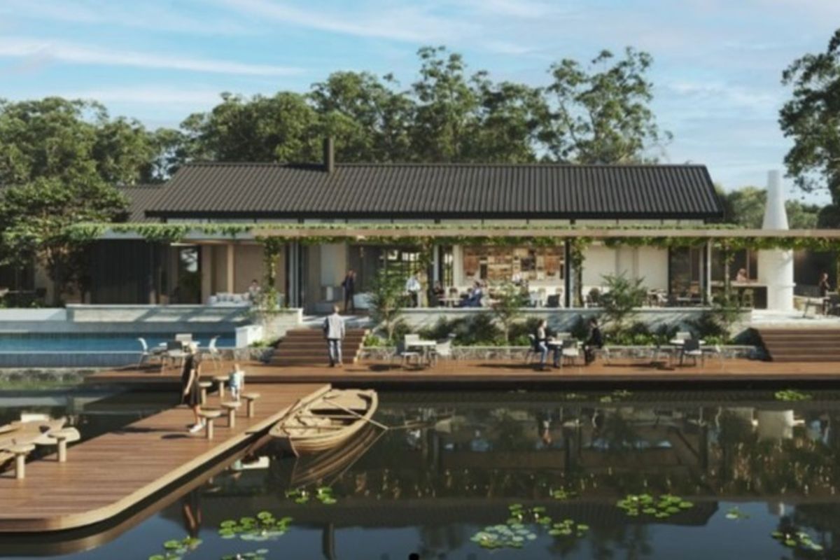 A high-end architectural exterior view featuring a modern residence with a swimming pool, expansive timber decking, and a covered patio overlooking a pond.