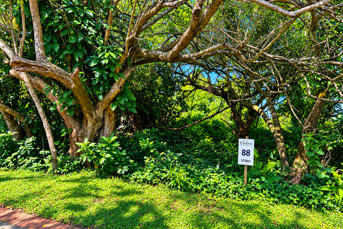 A view of a residential vacant land plot featuring mature trees and established greenery, marked with a property identification sign.