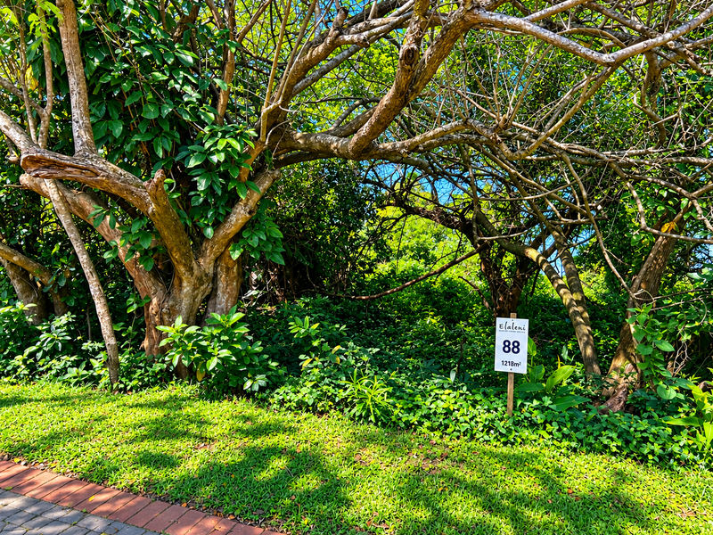 A view of a residential vacant land plot featuring mature trees and established greenery, marked with a property identification sign.
