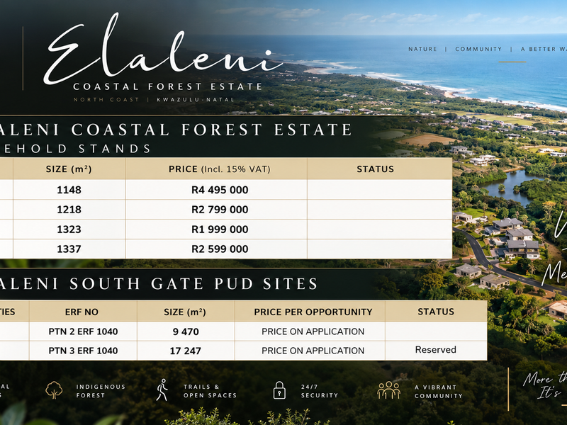 Aerial view of Elaleni Coastal Forest Estate showcasing available freehold stands and development opportunities within the coastal landscape.