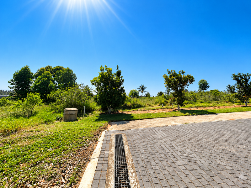A view of a residential vacant land plot featuring a paved driveway, integrated drainage system, and established greenery under a clear blue sky.