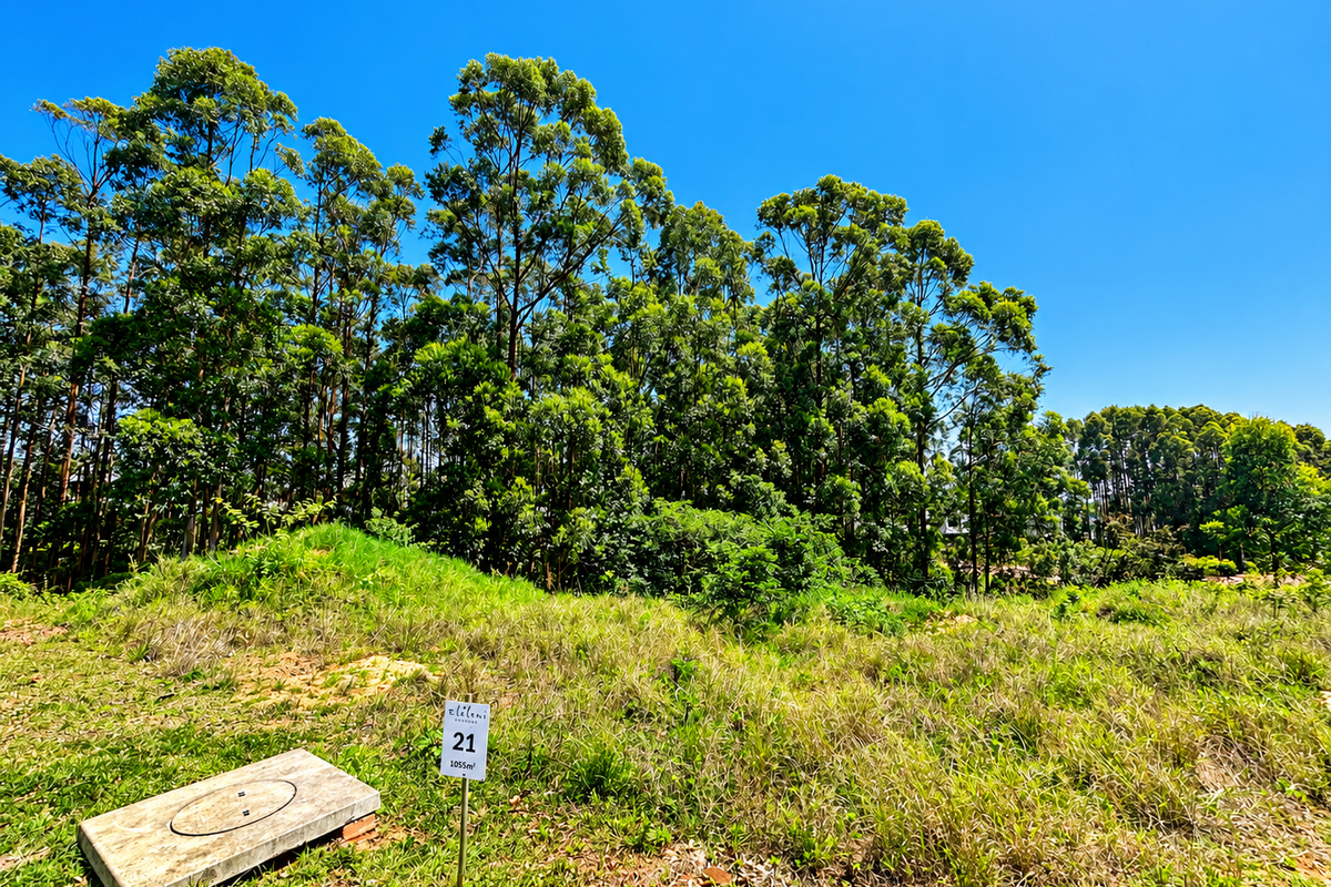 A vacant residential plot featuring natural vegetation, mature trees, and a clear property marker indicating the 1055m² stand size.