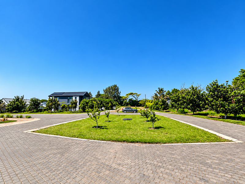 A view of the paved street and landscaped verge within a residential estate, featuring well-maintained paving and established greenery.