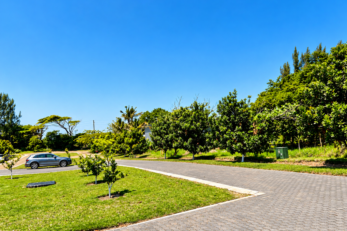 A well-maintained residential plot featuring a paved driveway, manicured lawn, and established trees under a clear blue sky.