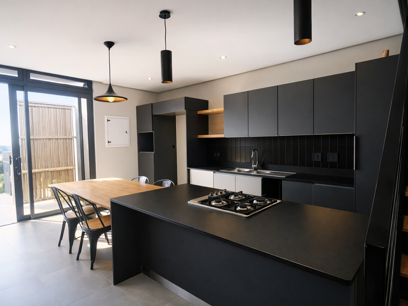 Modern open-plan kitchen featuring matte black cabinetry, a central island with a built-in gas hob, and seamless access to an outdoor balcony area.
