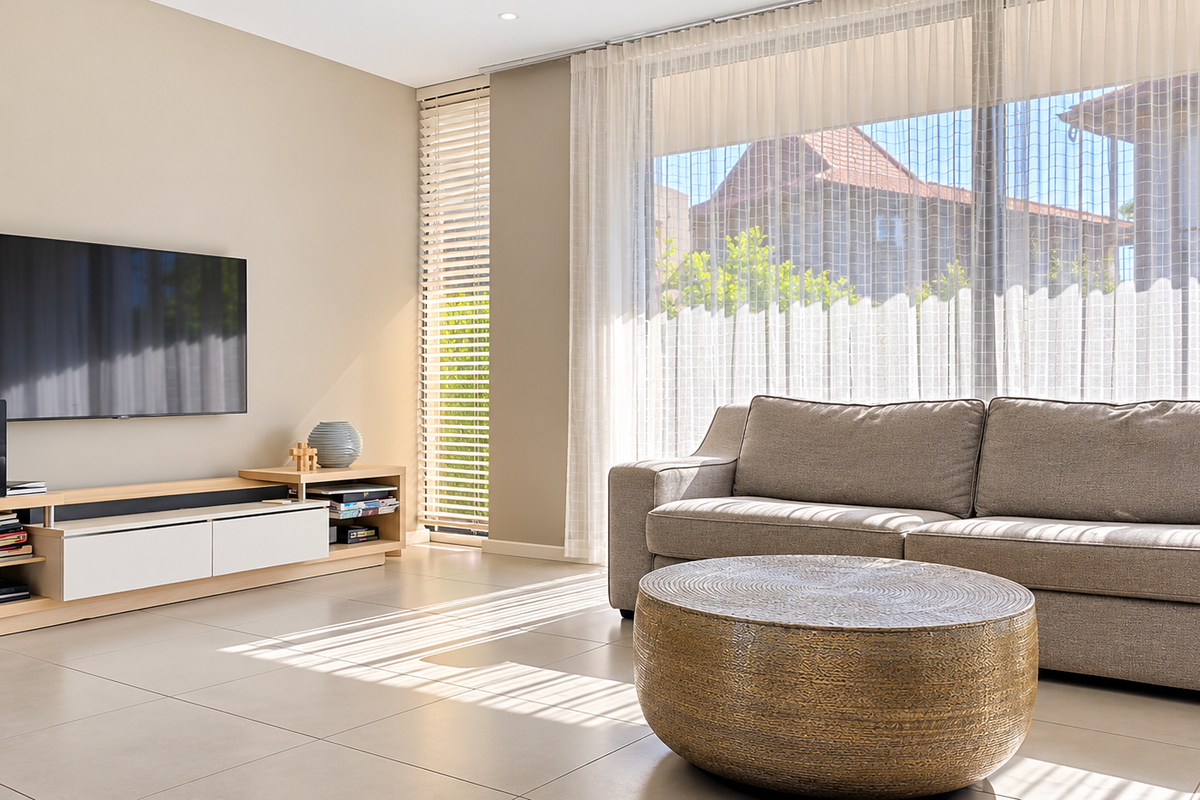 A bright and modern living room featuring large sliding glass doors with sheer curtains, venetian blinds, and neutral tiled flooring.