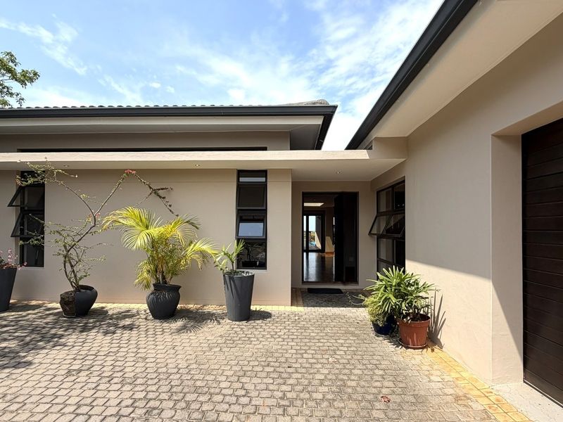 Modern front entrance featuring a paved driveway, dark garage door, and clean architectural lines with a covered entryway.