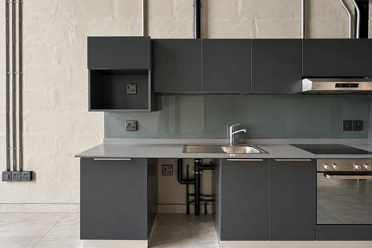 Modern industrial-style kitchen featuring matte dark cabinetry, stainless steel appliances, glass splashback, and exposed conduit detailing on a textured wall.