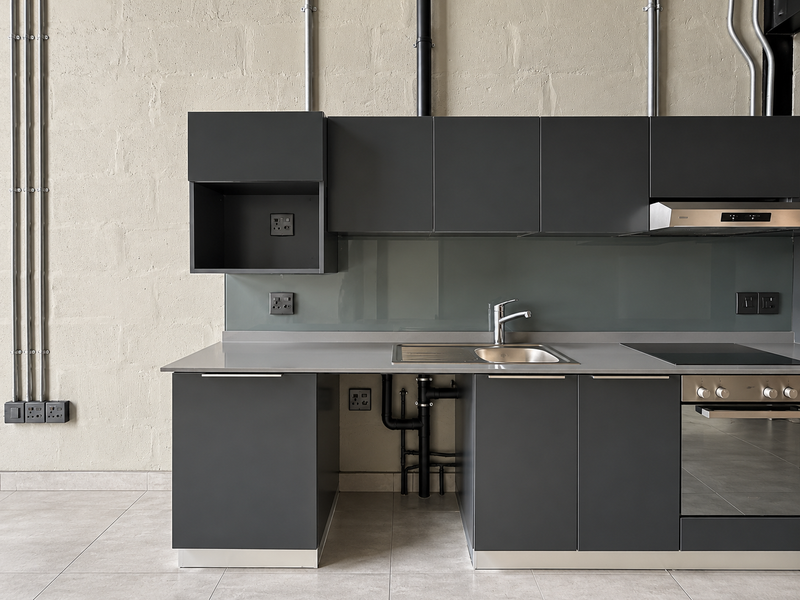 Modern industrial-style kitchen featuring matte dark cabinetry, stainless steel appliances, glass splashback, and exposed conduit detailing on a textured wall.