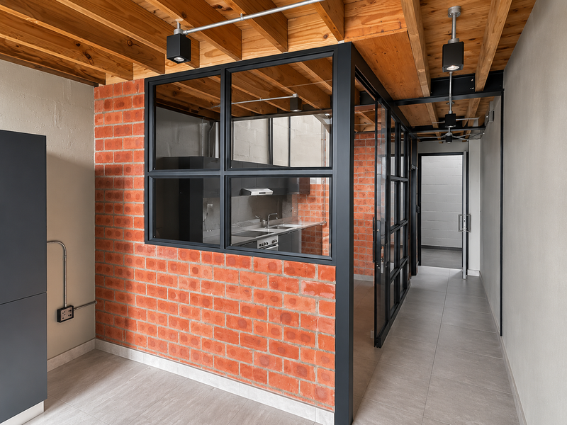 Modern kitchen featuring exposed timber beams, a striking brick feature wall, and a sleek black metal-framed glass partition, creating an industrial-style open-plan aesthetic.