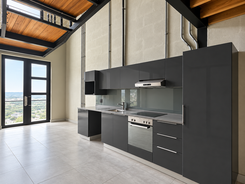 Modern industrial-style kitchen featuring sleek grey cabinetry, integrated stainless steel appliances, exposed structural beams, and large glass doors opening to a scenic view.