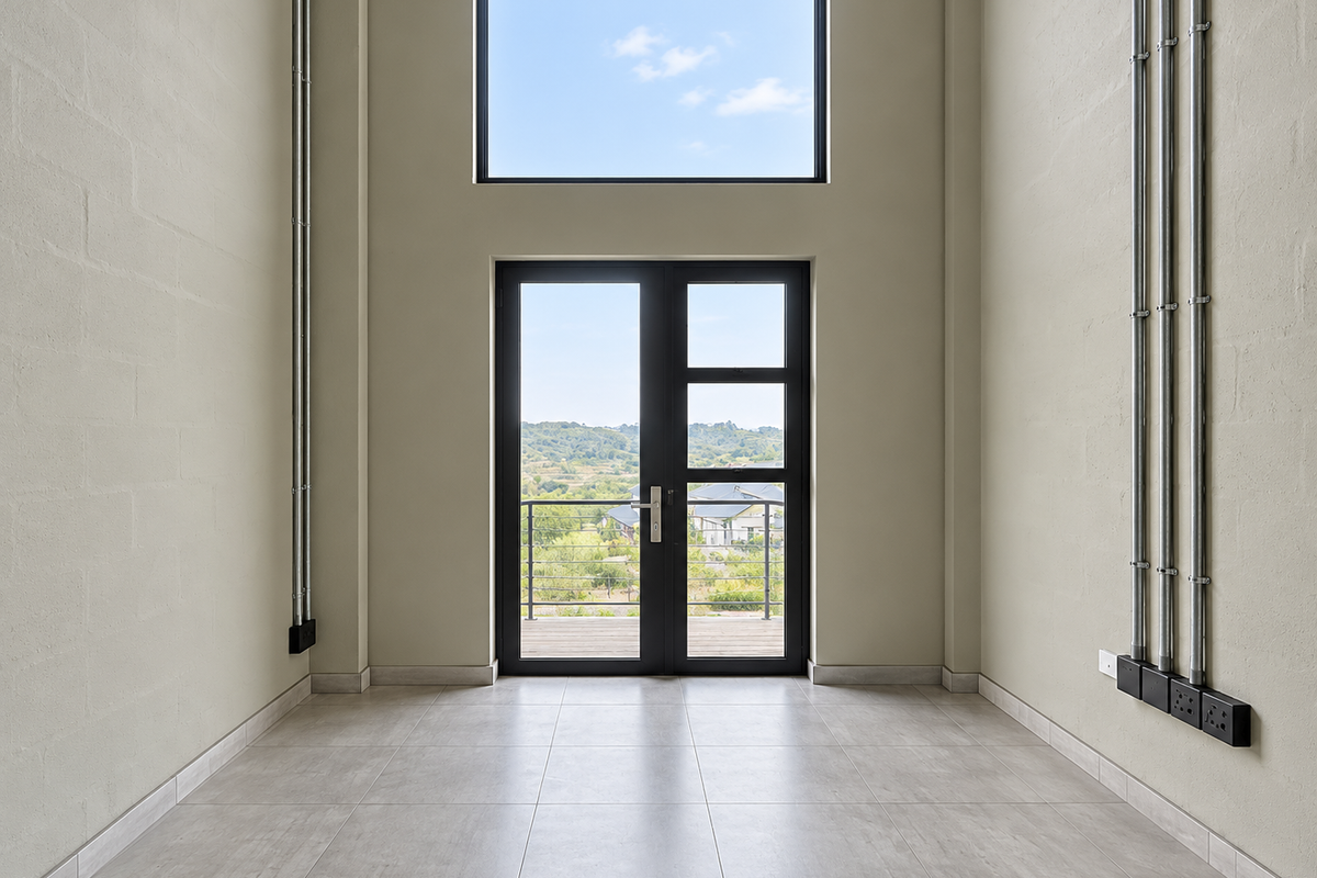 A bright, modern, empty living space featuring high ceilings, exposed industrial-style electrical conduit, tiled floors, and double doors opening to a scenic outdoor view.