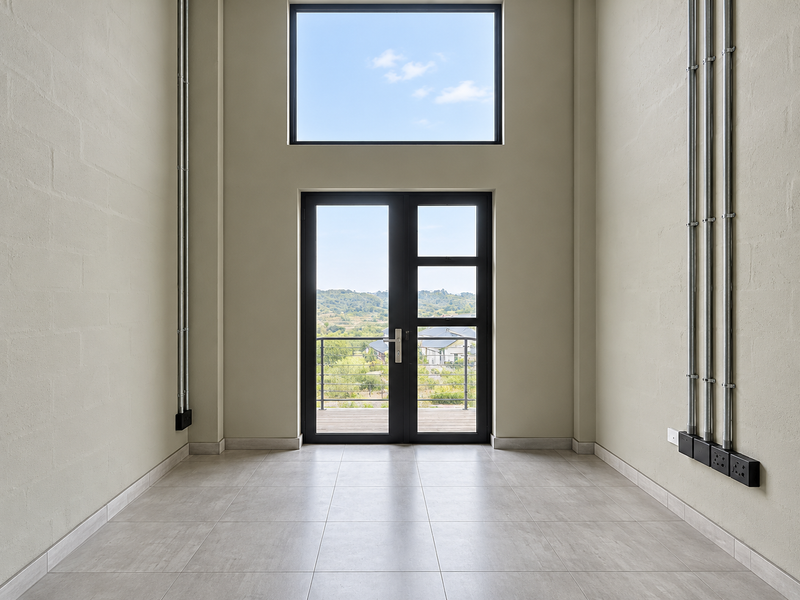 A bright, modern, empty living space featuring high ceilings, exposed industrial-style electrical conduit, tiled floors, and double doors opening to a scenic outdoor view.