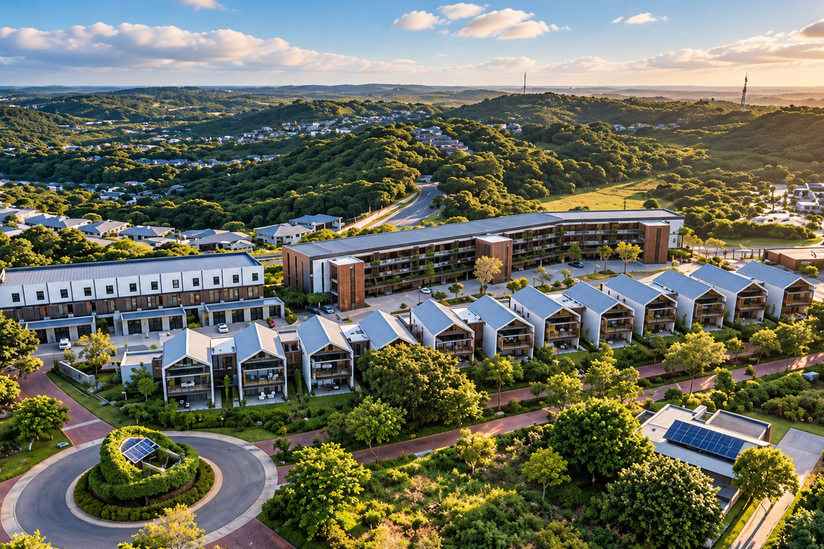 Aerial view of a modern residential apartment complex set within a lush, green landscape with paved access roads and solar energy installations.