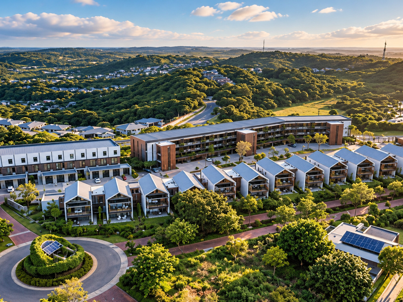 Aerial view of a modern residential apartment complex set within a lush, green landscape with paved access roads and solar energy installations.