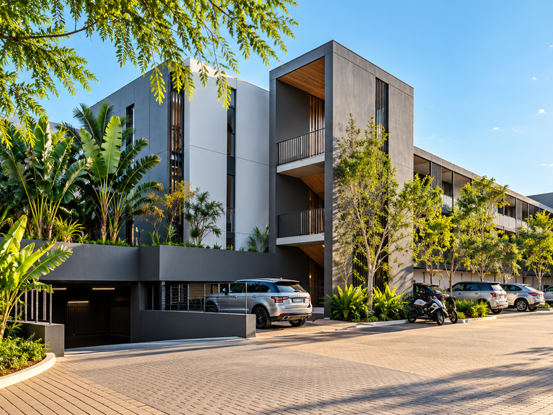 Modern apartment complex exterior featuring a paved driveway, underground parking access, and landscaped gardens with contemporary architectural design.