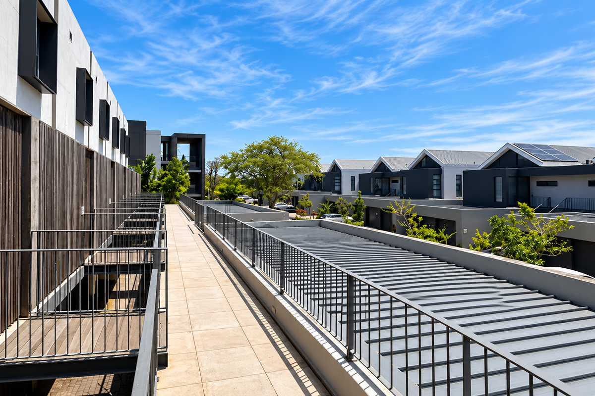 Modern apartment complex exterior featuring a paved walkway, metal roof structures, and contemporary timber and concrete facade finishes.