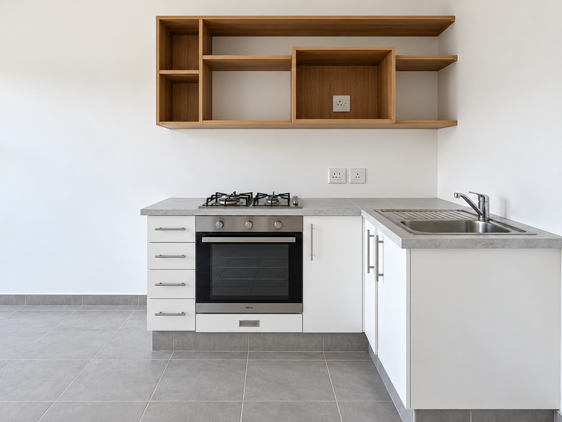 A modern, minimalist kitchen featuring white cabinetry, a built-in oven with gas hob, stainless steel sink, and open wooden shelving.