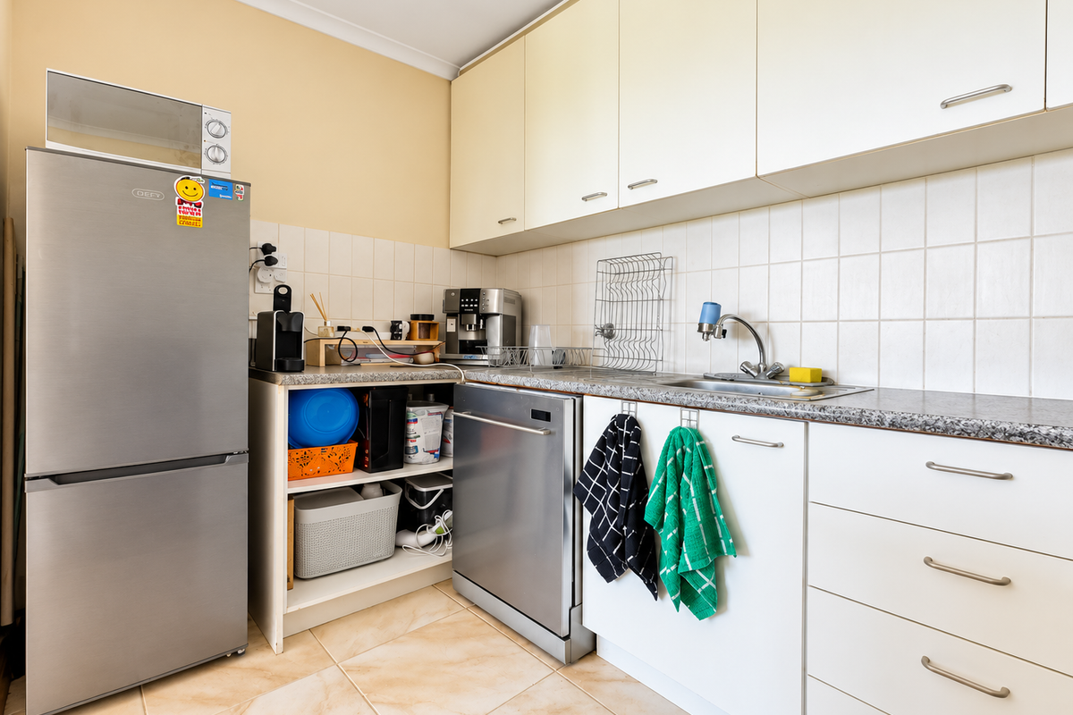 A functional kitchen featuring white cabinetry, laminate countertops, tiled backsplash, and integrated dishwasher, providing a practical workspace with neutral finishes.