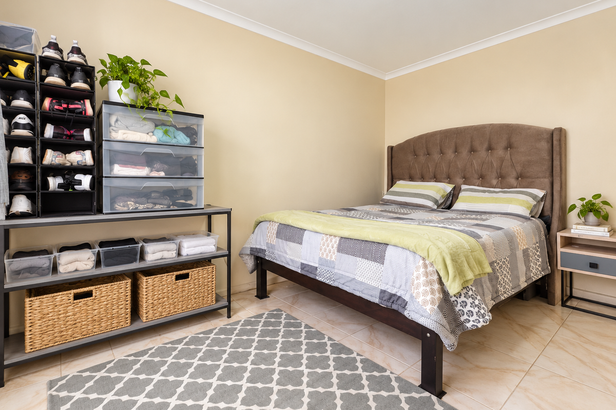 A bedroom featuring neutral wall paint, tiled flooring, and a coved ceiling, providing a functional and well-maintained living space.