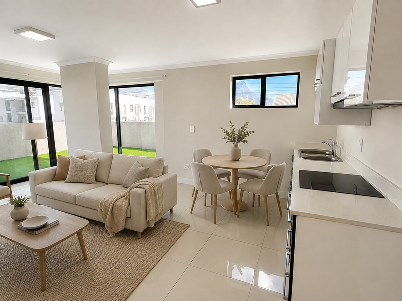 Modern open-plan living area featuring a sleek kitchen with stone countertops, induction hob, and seamless flow to a private patio through sliding glass doors.
