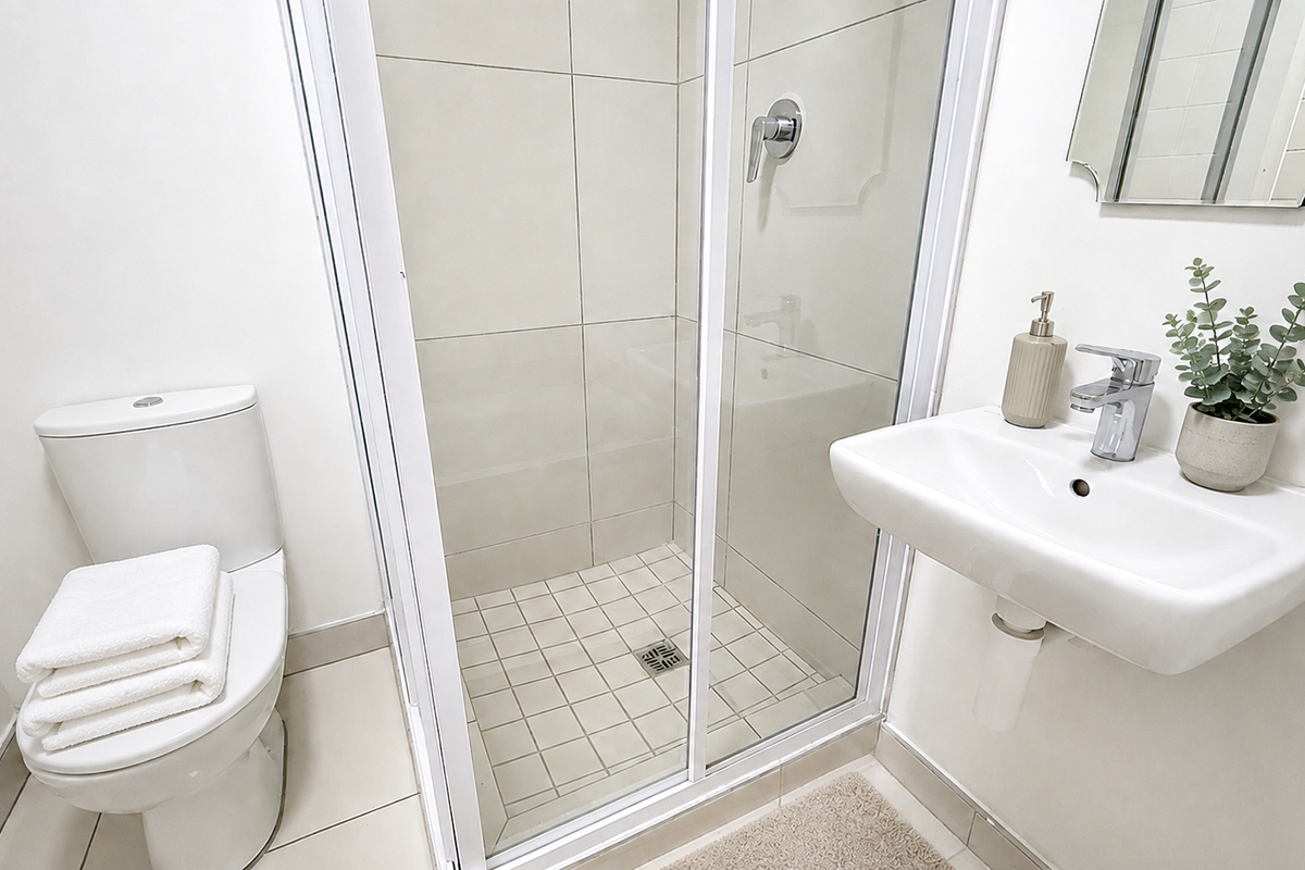 A clean, modern bathroom featuring a glass-enclosed shower, wall-mounted basin with mixer tap, and a standard toilet with neutral floor and wall tiling.