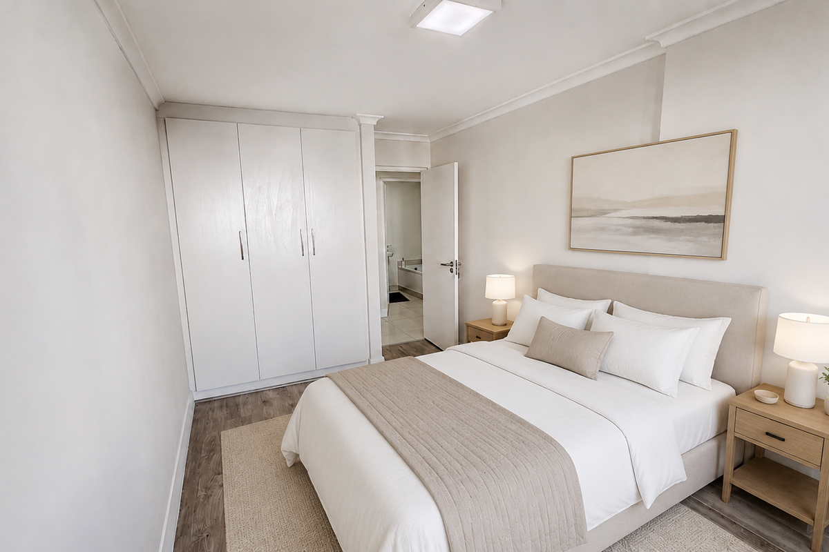 A well-maintained bedroom featuring built-in wardrobes, laminate flooring, and neutral finishes, with an adjoining bathroom visible through the doorway.