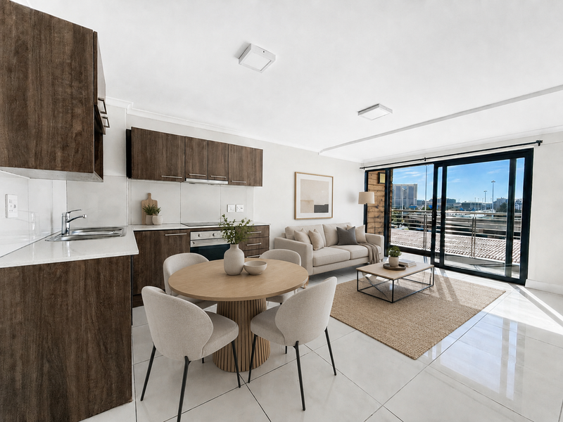 Modern open-plan kitchen and living area featuring dark wood cabinetry, stone countertops, integrated appliances, and large sliding doors leading to a balcony.