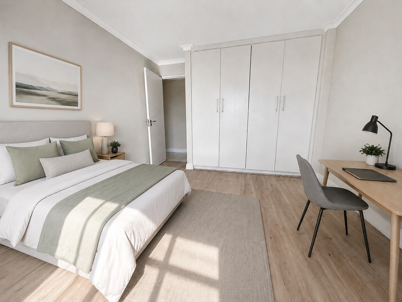 A well-maintained bedroom featuring light laminate flooring, neutral walls, and ample built-in cupboard storage.
