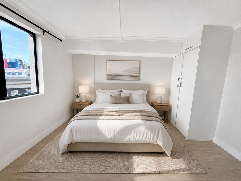 A bright and well-maintained bedroom featuring light laminate flooring, a built-in wardrobe, and a large window providing natural light.