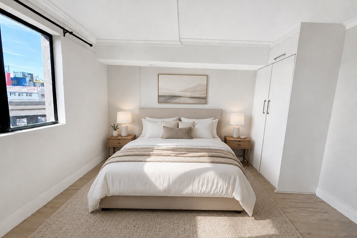 A bright and well-maintained bedroom featuring light laminate flooring, a built-in wardrobe, and a large window providing natural light.