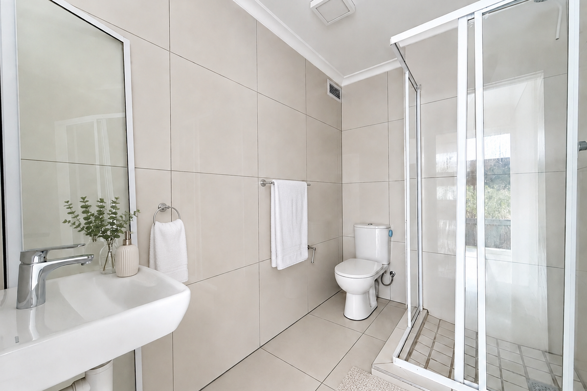 Modern bathroom featuring a wall-mounted basin, chrome fixtures, a glass-enclosed shower, and neutral floor-to-ceiling tiling.