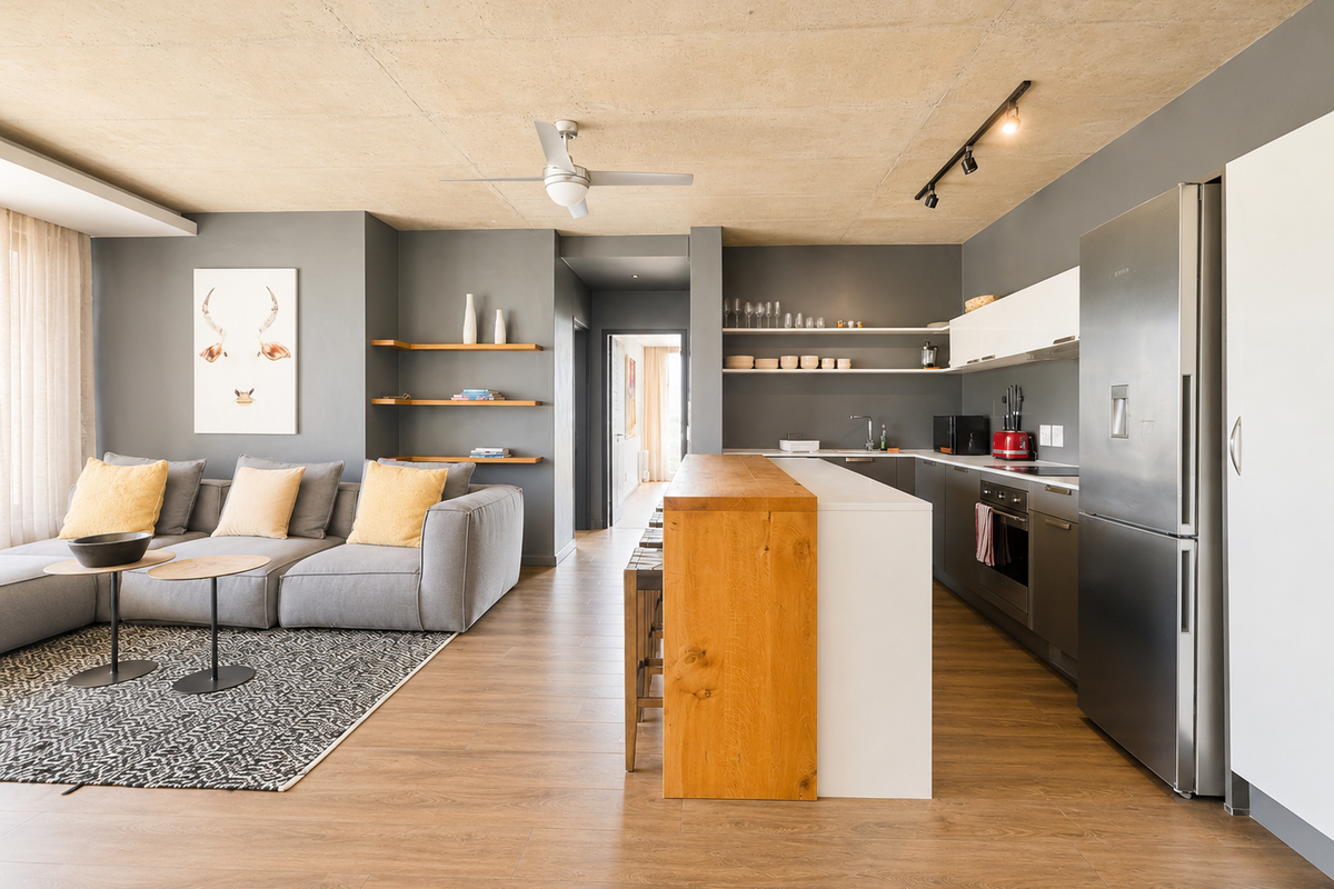 Modern open-plan living area featuring an exposed concrete ceiling, sleek kitchen cabinetry, a central island, and warm laminate flooring throughout.