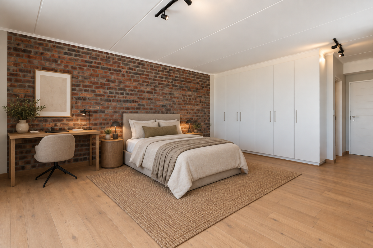 Modern bedroom featuring an exposed brick feature wall, extensive built-in cabinetry, and contemporary track lighting, finished with light wood-look laminate flooring.
