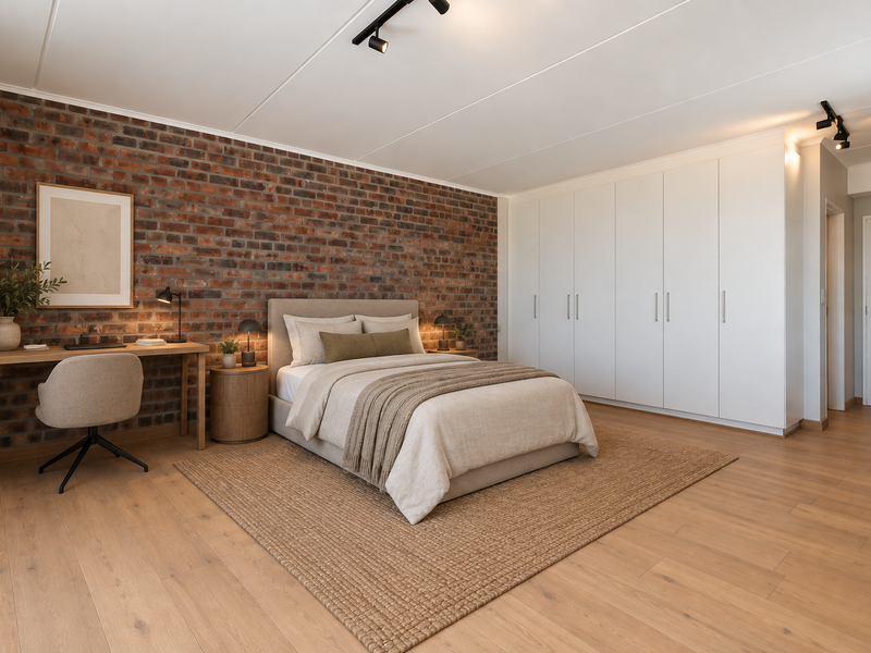 Modern bedroom featuring an exposed brick feature wall, extensive built-in cabinetry, and contemporary track lighting, finished with light wood-look laminate flooring.