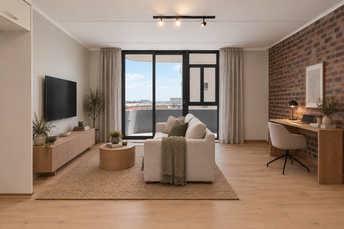 Modern living room featuring an exposed brick feature wall, laminate flooring, track lighting, and large sliding glass doors leading to a private balcony.