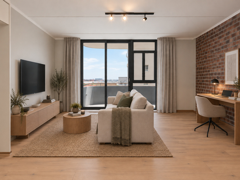 Modern living room featuring an exposed brick feature wall, laminate flooring, track lighting, and large sliding glass doors leading to a private balcony.