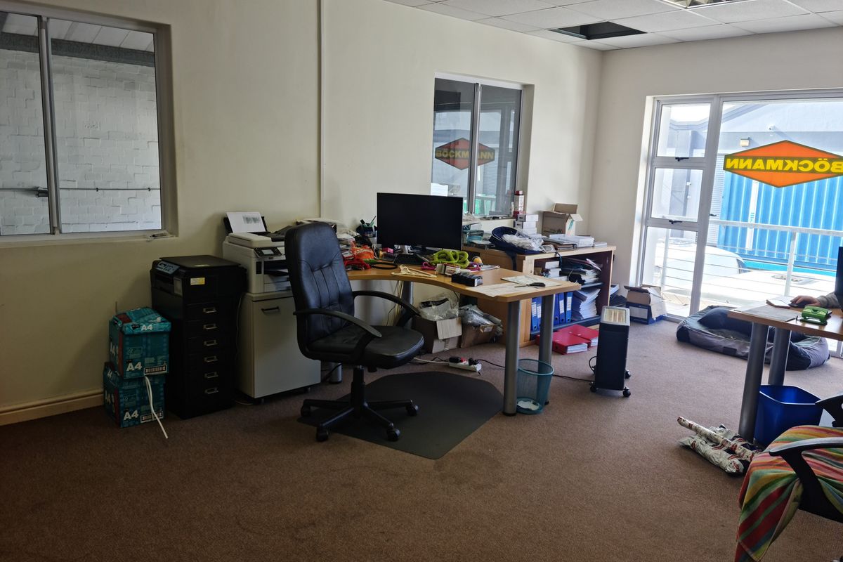 A functional office space featuring carpeted flooring, suspended ceiling tiles, and large aluminium-framed windows providing natural light.