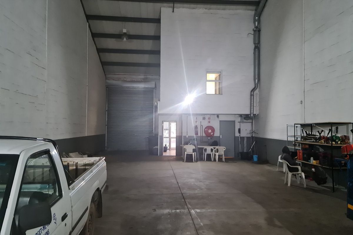 Spacious industrial utility area featuring high ceilings with exposed steel trusses, a large roller shutter door, and durable concrete flooring.