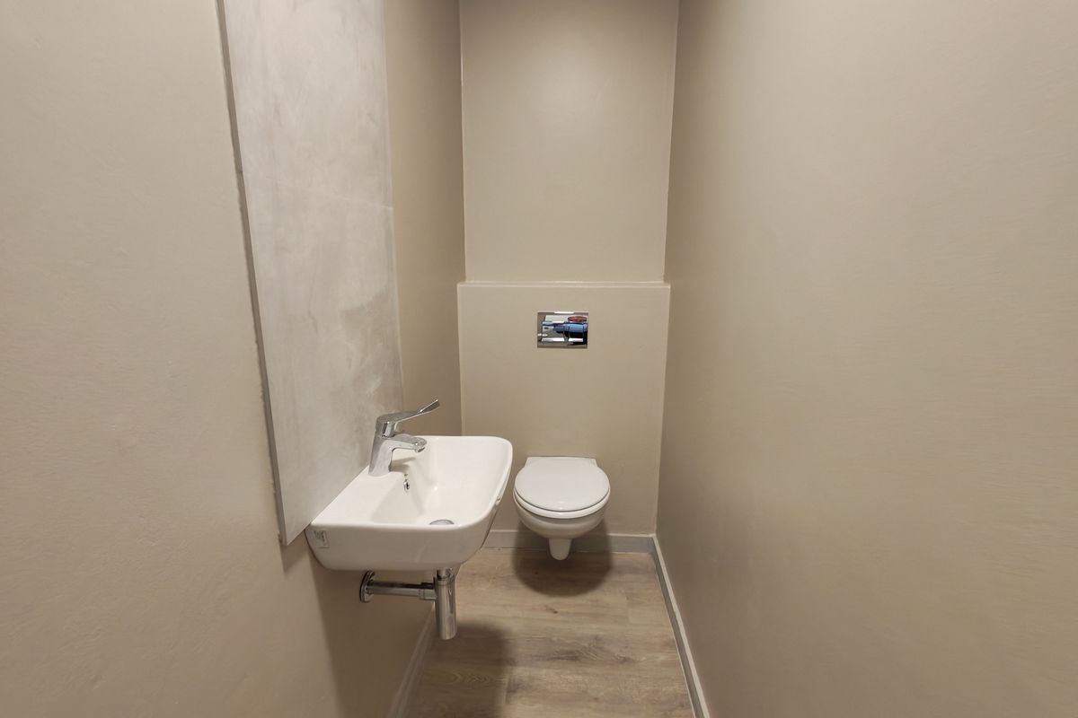 A compact, modern guest restroom featuring a wall-mounted basin, a concealed cistern toilet, and wood-look flooring.