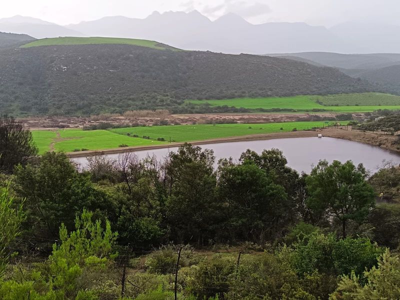 Scenic elevated view of the farm property featuring a large dam, lush green pastures, and surrounding mountain landscape.