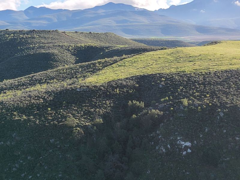 A scenic landscape view showcasing rolling hills and mountainous terrain, highlighting the natural beauty and expansive topography of the farm property.