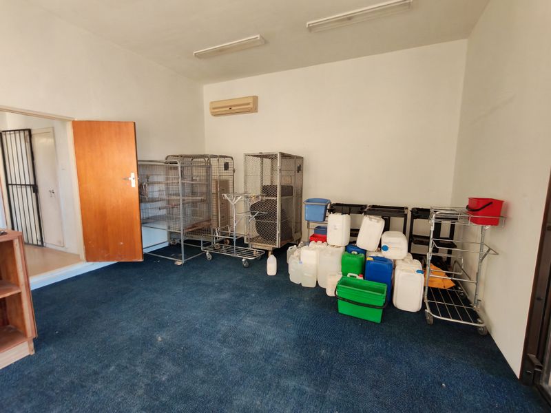 A functional utility space featuring carpet flooring, wall-mounted air conditioning, and fluorescent lighting, suitable for storage or workspace requirements.