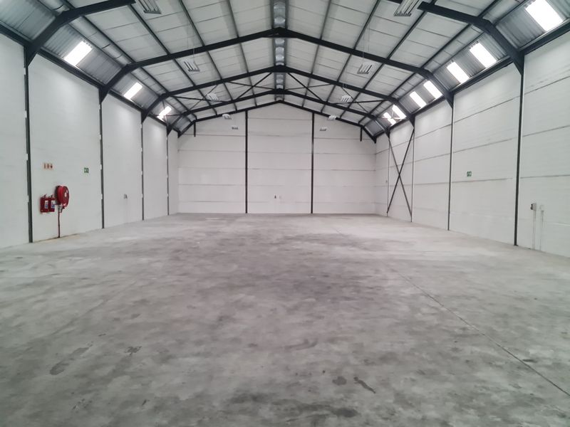 A spacious, clean industrial warehouse unit featuring a high-clearance steel portal frame, polished concrete flooring, and integrated skylights for natural illumination.