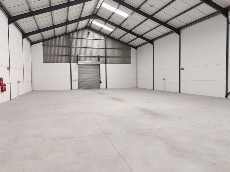 Spacious industrial warehouse unit featuring high ceilings, concrete flooring, a large roller shutter door, and natural light provided by integrated skylights.