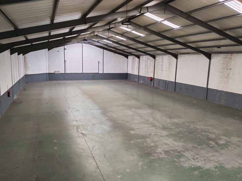 Spacious industrial warehouse unit featuring high ceilings with skylights, exposed steel portal frame, and durable concrete flooring.