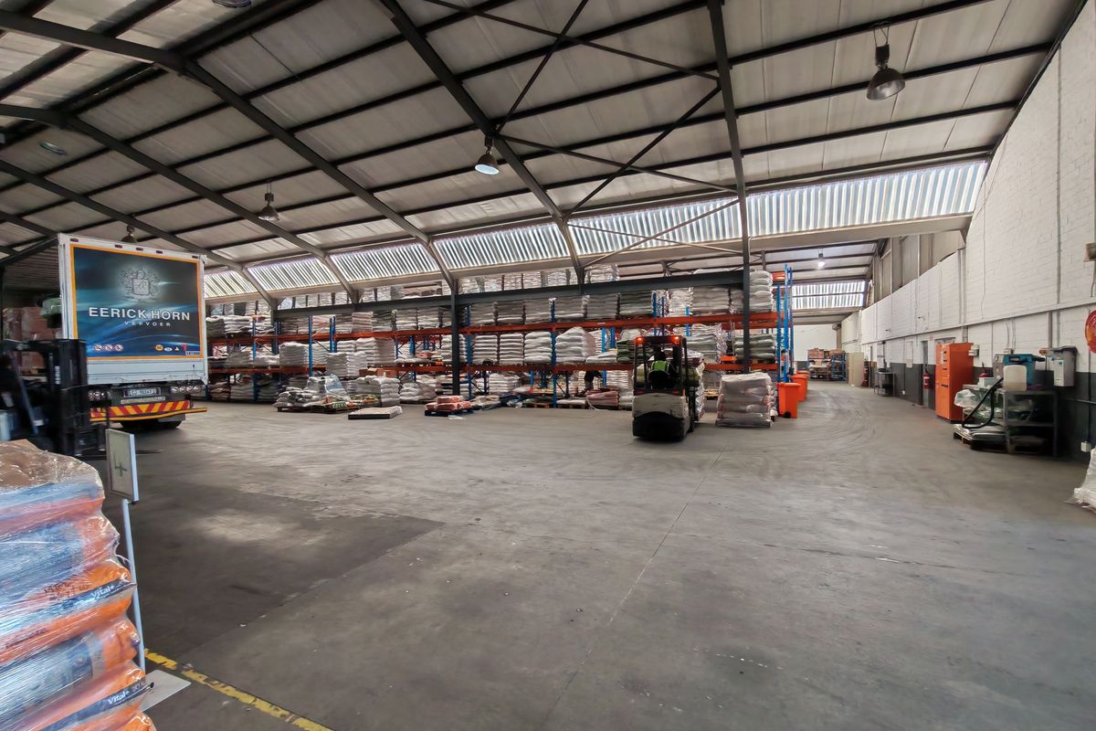 Spacious industrial warehouse featuring high-bay lighting, concrete flooring, and extensive steel racking systems suitable for logistics and storage operations.