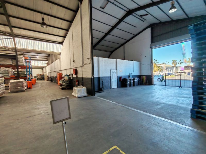 Spacious industrial warehouse unit featuring high ceilings with exposed steel trusses, concrete flooring, and a large roller shutter door for vehicle access.