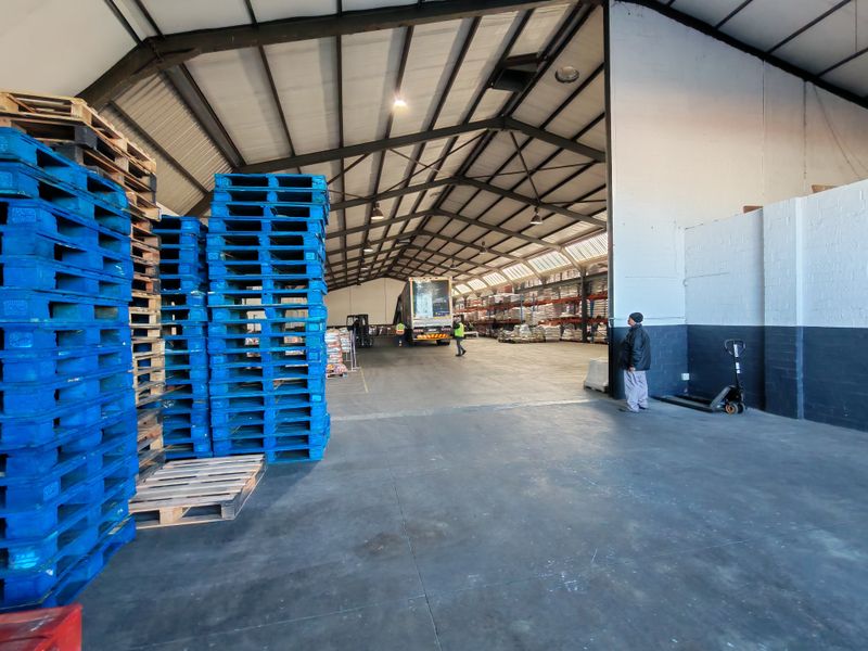 Spacious industrial warehouse facility featuring high-clearance steel truss roofing, durable concrete flooring, and large open-plan storage areas suitable for logistics or manufacturing operations.